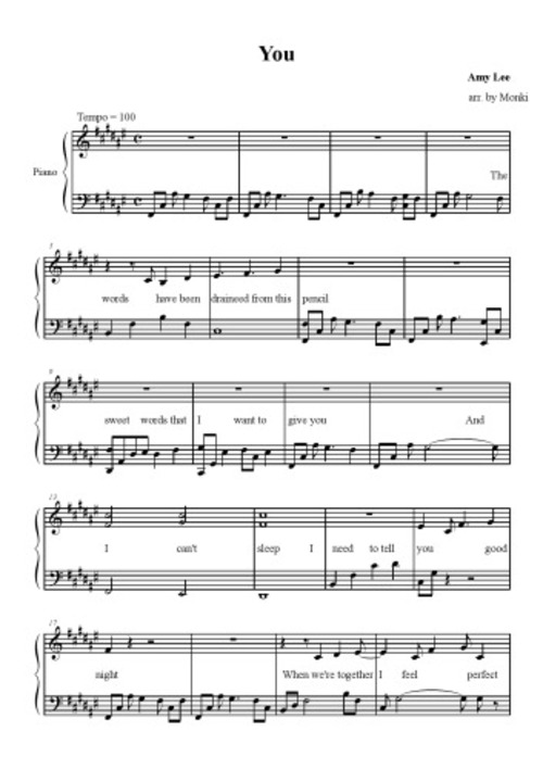 Product picture Amy Lee of Evanescence - You, Piano sheet music with lyrics